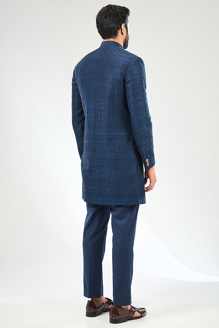 Blue Silk Embroidered Groom Sherwani Set by Divyam Mehta Men at Pernia's Pop Up Shop
