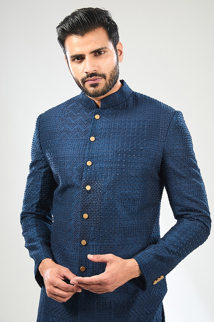 Blue Silk Embroidered Groom Sherwani Set by Divyam Mehta Men at Pernia's Pop Up Shop