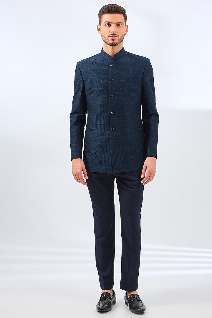 Blue Raw Silk Bandhgala Set by Divyam Mehta Men at Pernia's Pop Up Shop