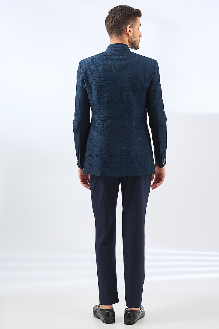 Blue Raw Silk Groom Bandhgala Set by Divyam Mehta Men at Pernia's Pop Up Shop
