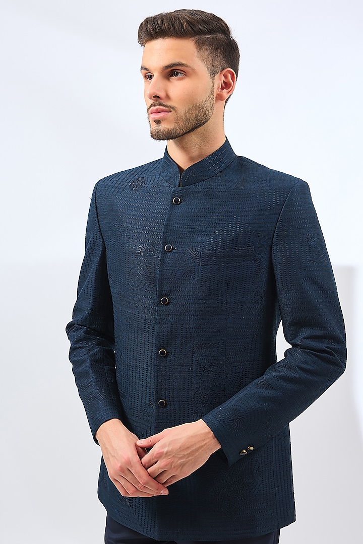 Blue Raw Silk Groom Bandhgala Set by Divyam Mehta Men at Pernia's Pop Up Shop