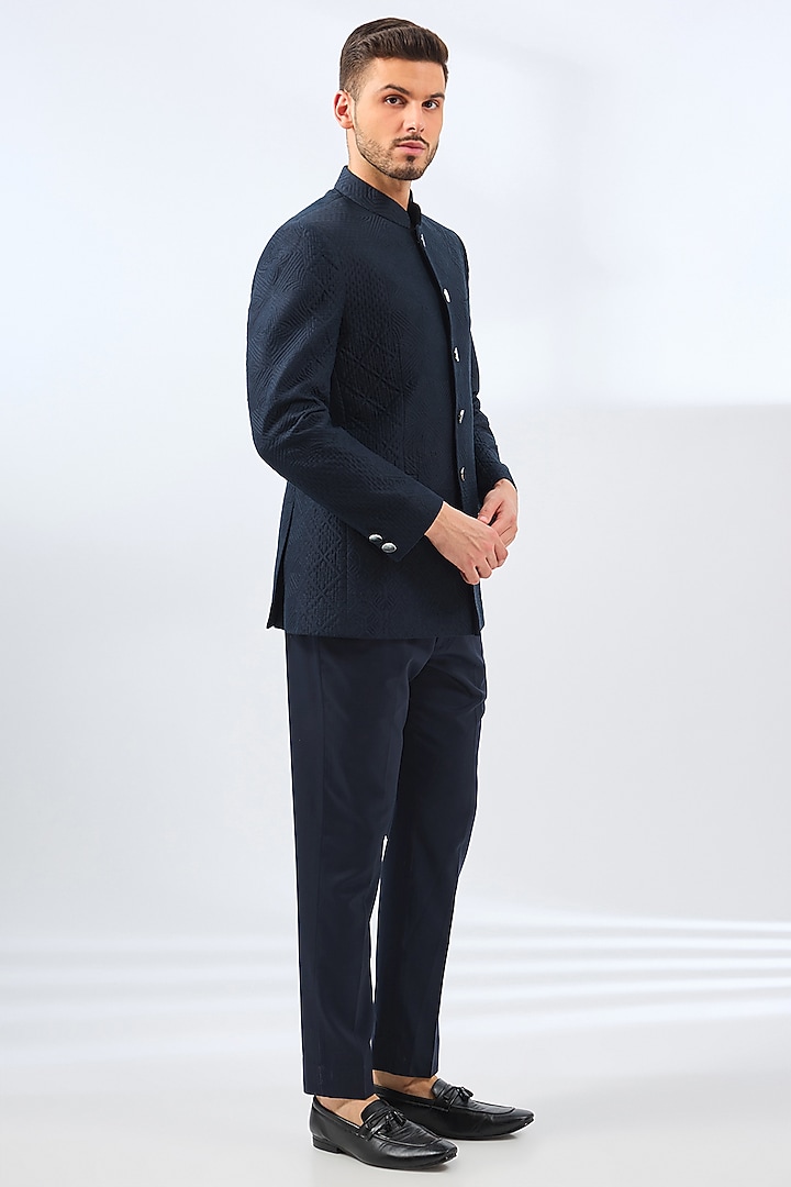 Blue Raw Silk Groom Bandhgala Set by Divyam Mehta Men at Pernia's Pop Up Shop