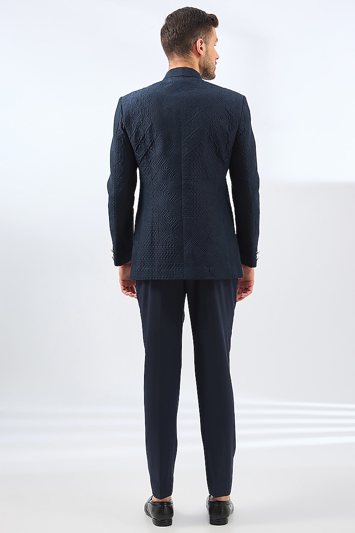 Blue Raw Silk Groom Bandhgala Set by Divyam Mehta Men at Pernia's Pop Up Shop