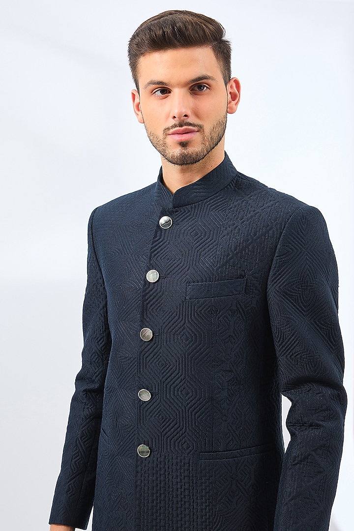 Blue Raw Silk Groom Bandhgala Set by Divyam Mehta Men at Pernia's Pop Up Shop