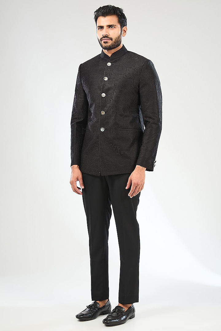 Black Silk Embroidered Bandhgala Set by Divyam Mehta Men at Pernia's Pop Up Shop