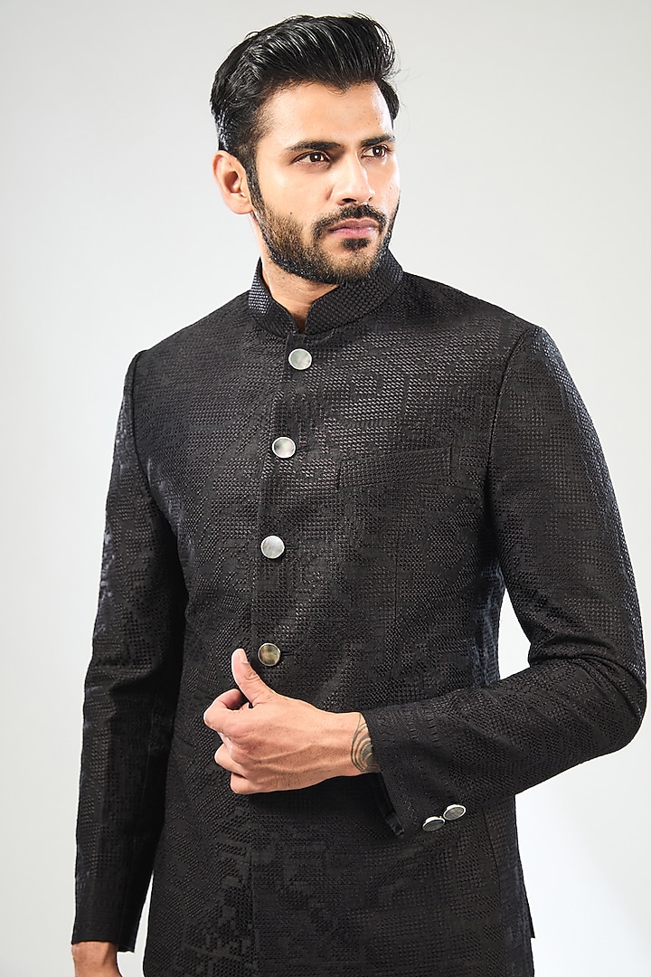 Black Silk Embroidered Groom Bandhgala Set by Divyam Mehta Men at Pernia's Pop Up Shop