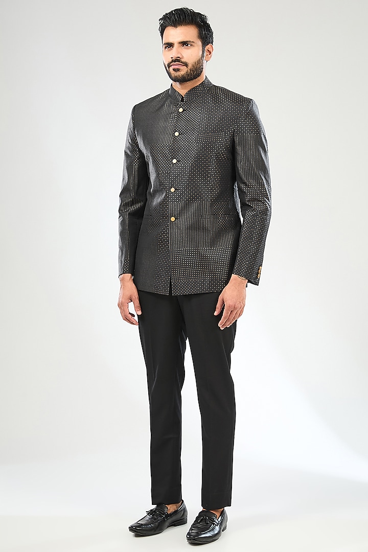 Black Silk Embroidered Bandhgala Set by Divyam Mehta Men