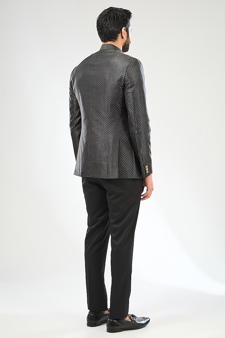 Black Silk Embroidered Wedding Bandhgala Set by Divyam Mehta Men at Pernia's Pop Up Shop