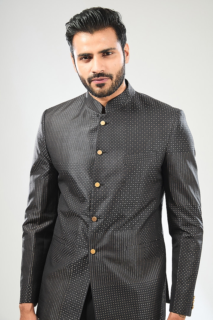Black Silk Embroidered Wedding Bandhgala Set by Divyam Mehta Men at Pernia's Pop Up Shop
