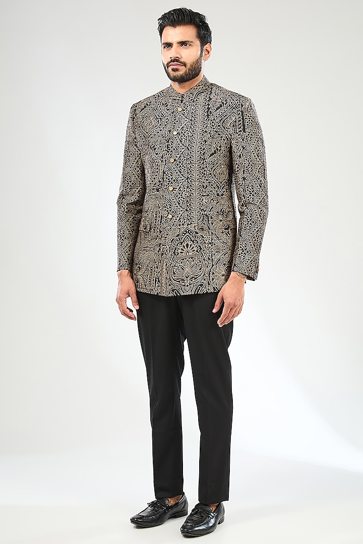 Black Silk Embroidered Bandhgala Set by Divyam Mehta Men at Pernia's Pop Up Shop