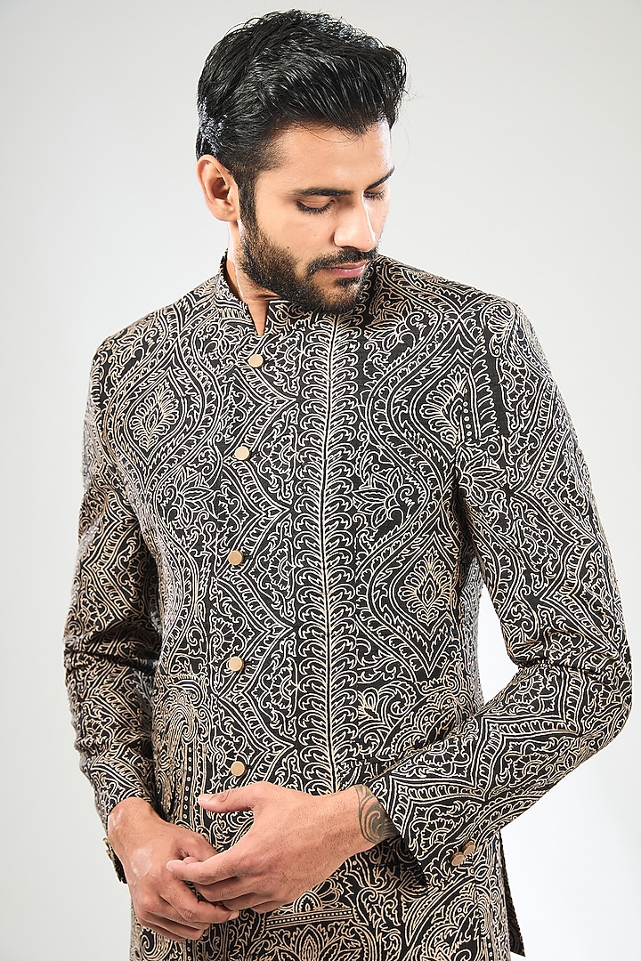 Black Silk Embroidered Groom Bandhgala Set by Divyam Mehta Men at Pernia's Pop Up Shop