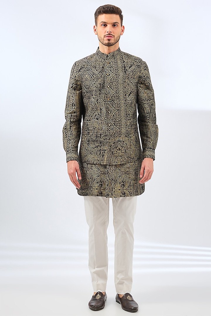 Black Silk Bundi Jacket Set by Divyam Mehta Men