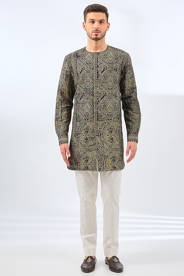 Black Silk Bundi Jacket Set by Divyam Mehta Men at Pernia's Pop Up Shop