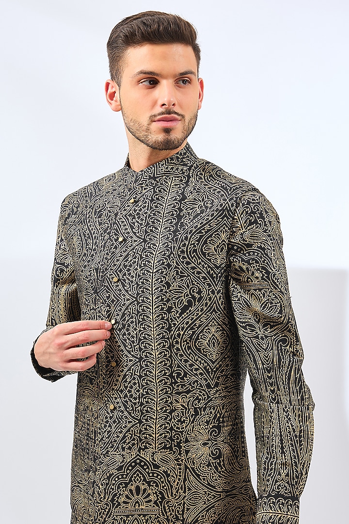 Black Silk Bundi Jacket Set by Divyam Mehta Men at Pernia's Pop Up Shop