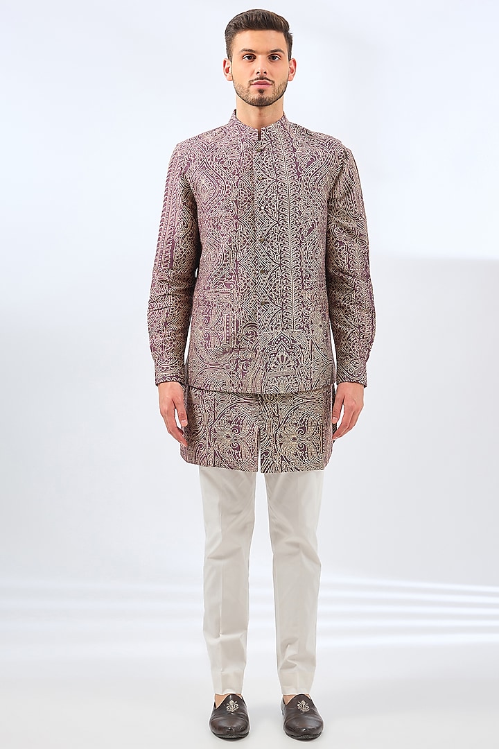 Orchid Silk Bundi Jacket Set by Divyam Mehta Men