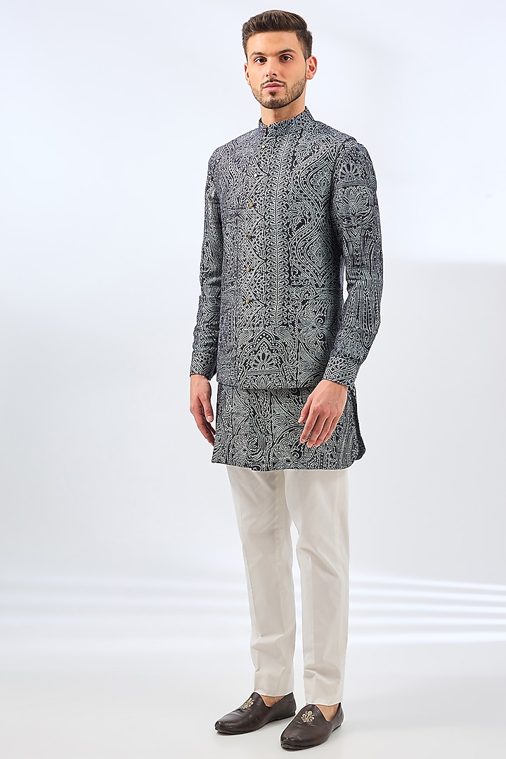 Blue Silk Bundi Jacket Set by Divyam Mehta Men at Pernia's Pop Up Shop