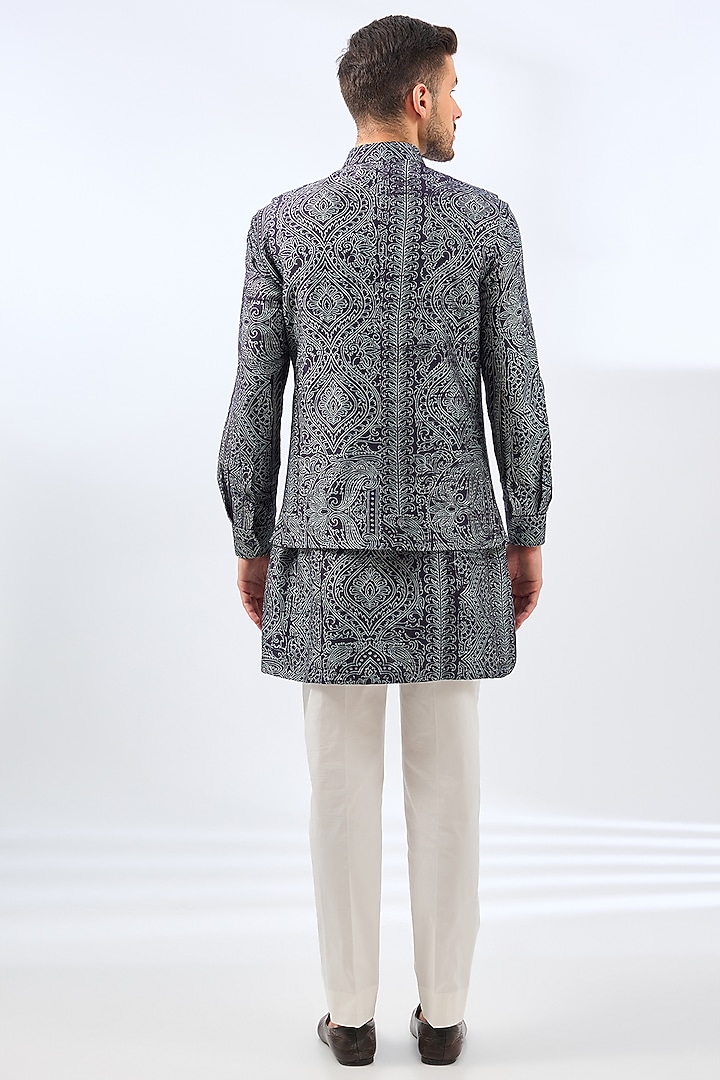 Blue Silk Bundi Jacket Set by Divyam Mehta Men at Pernia's Pop Up Shop