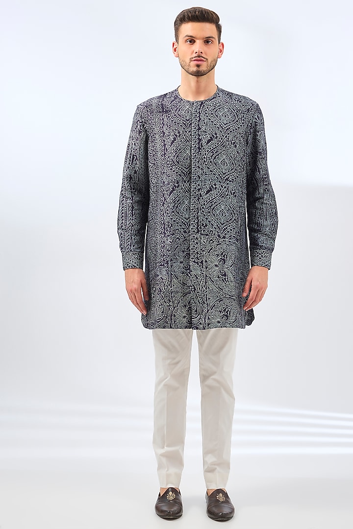 Blue Silk Bundi Jacket Set by Divyam Mehta Men at Pernia's Pop Up Shop