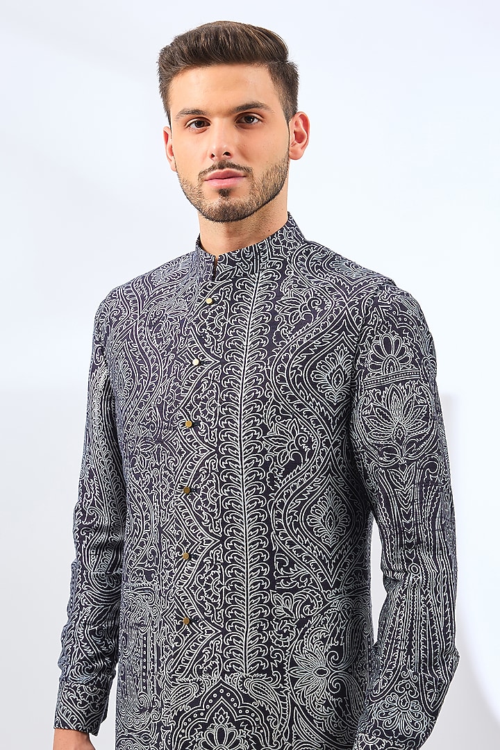 Blue Silk Bundi Jacket Set by Divyam Mehta Men at Pernia's Pop Up Shop