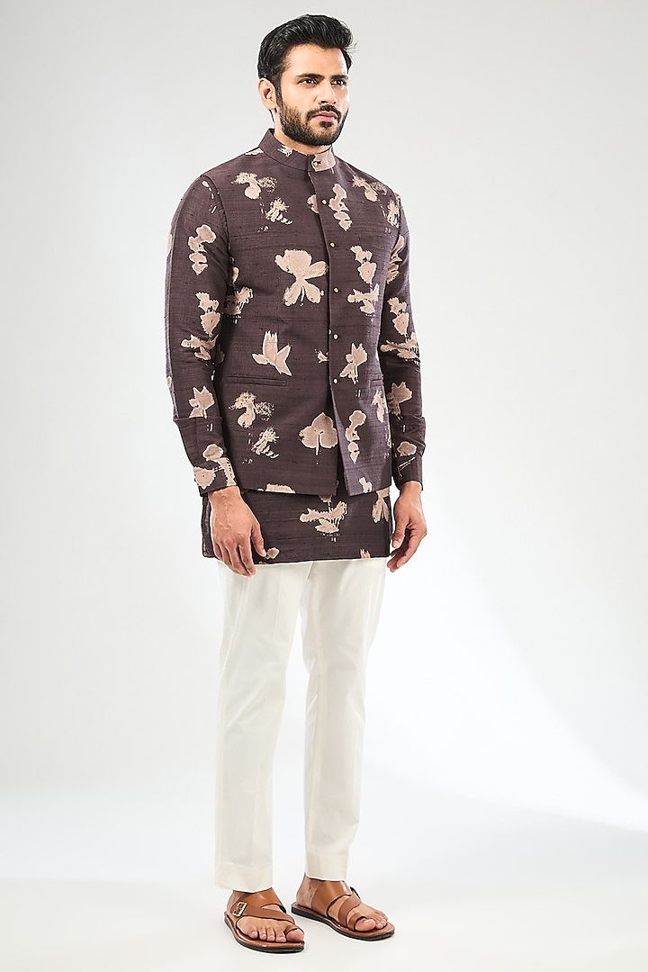 Wine Silk Digital Printed Bundi Jacket Set by Divyam Mehta Men at Pernia's Pop Up Shop