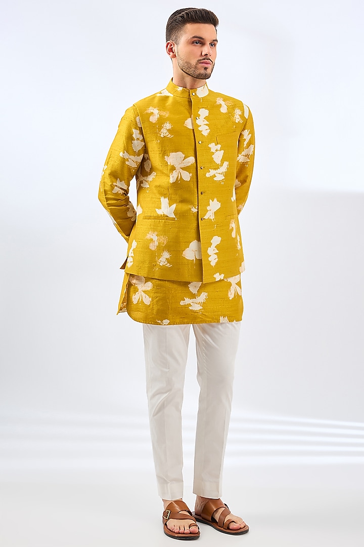 Haldi Yellow Silk Digital Printed Bundi Jacket Set by Divyam Mehta Men