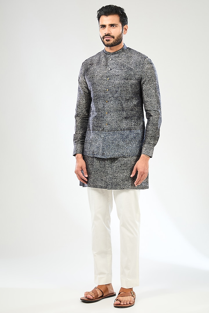 Indigo Blue Silk Bundi Jacket Set by Divyam Mehta Men