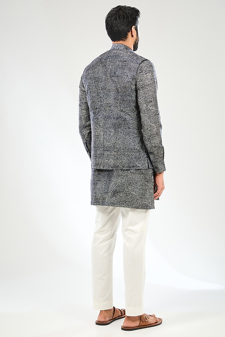 Indigo Blue Silk Bundi Jacket Set by Divyam Mehta Men at Pernia's Pop Up Shop