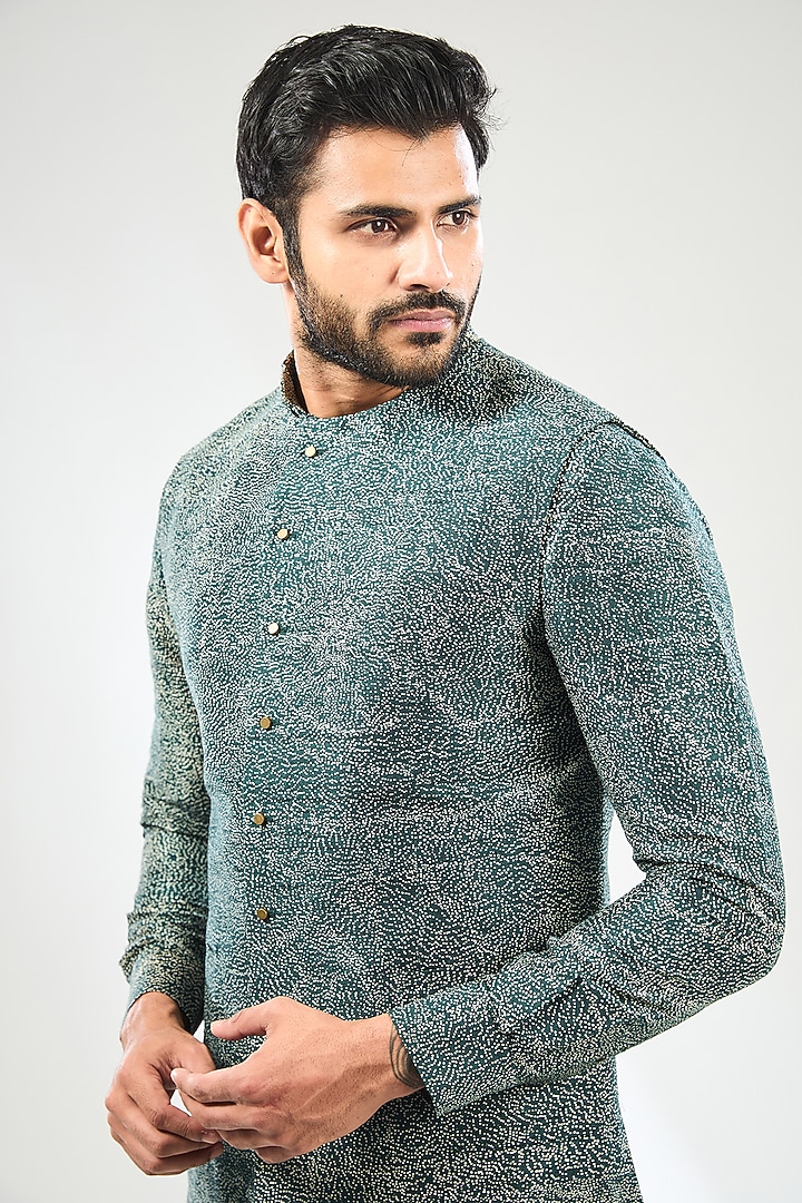 Green Silk Bundi Jacket Set by Divyam Mehta Men at Pernia's Pop Up Shop