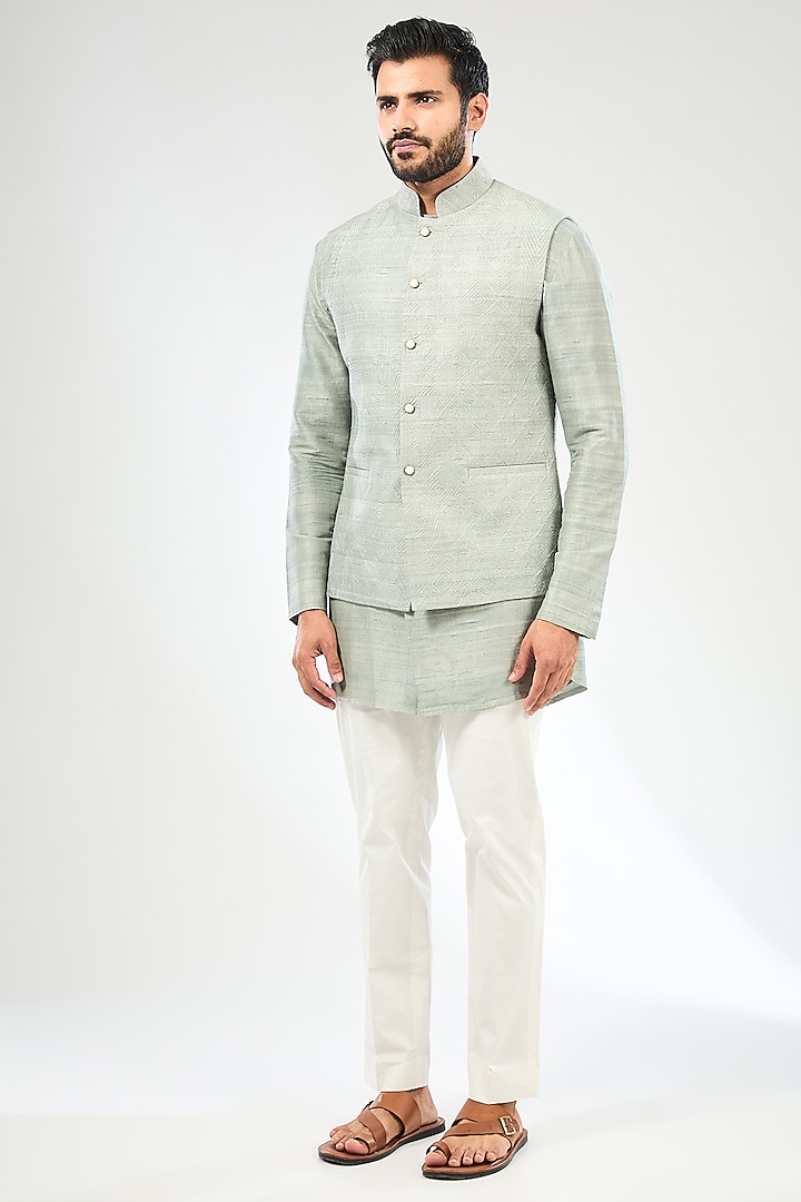 Blue Silk Bundi Jacket Set by Divyam Mehta Men