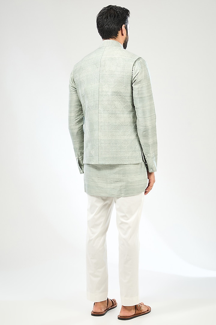 Blue Silk Bundi Jacket Set by Divyam Mehta Men at Pernia's Pop Up Shop
