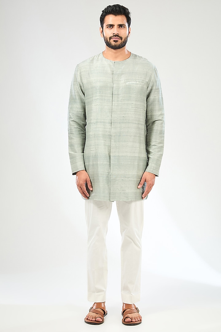 Blue Silk Bundi Jacket Set by Divyam Mehta Men at Pernia's Pop Up Shop