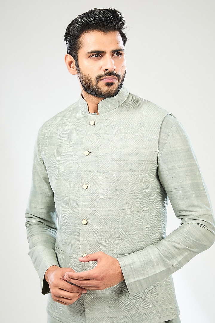 Blue Silk Bundi Jacket Set by Divyam Mehta Men at Pernia's Pop Up Shop