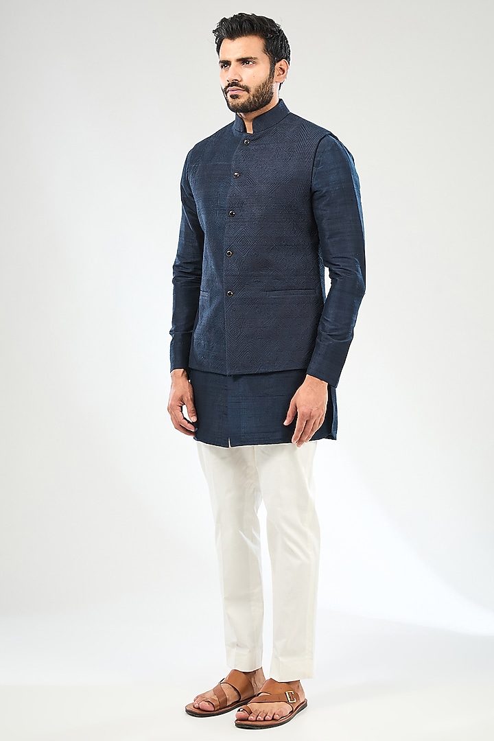 Blue Silk Bundi Jacket Set by Divyam Mehta Men