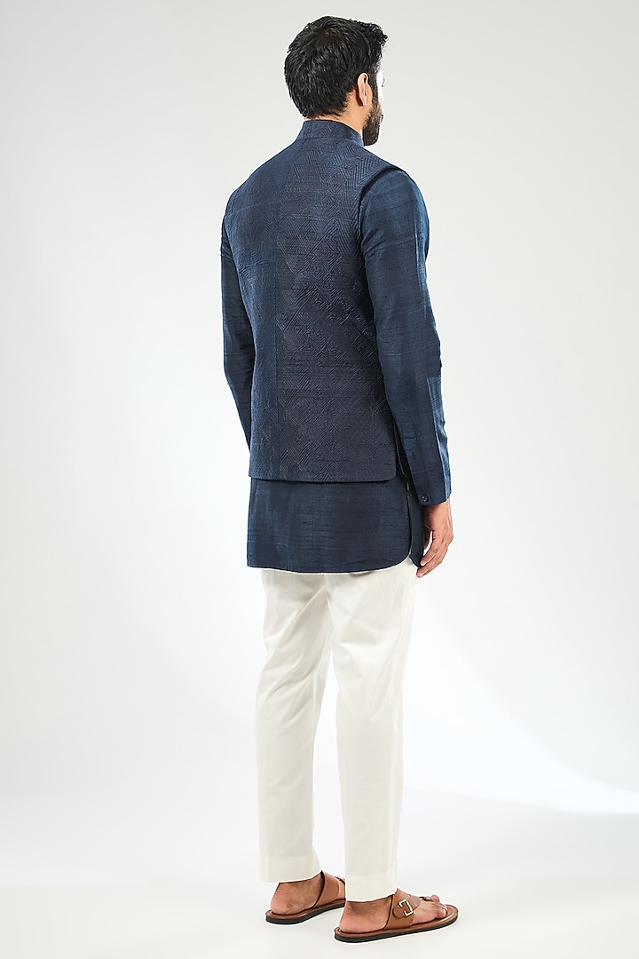 Blue Silk Bundi Jacket Set by Divyam Mehta Men at Pernia's Pop Up Shop