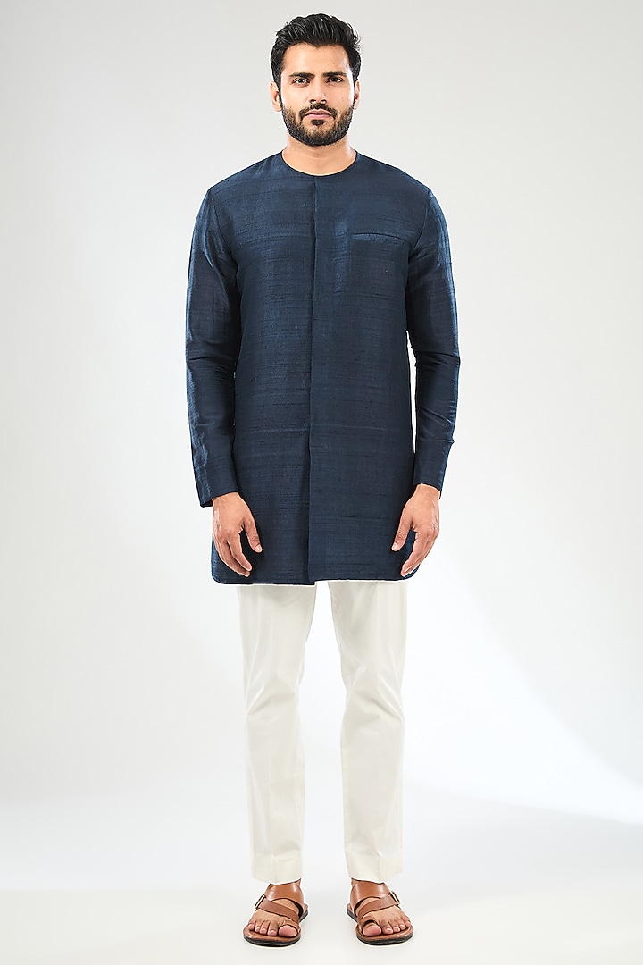 Blue Silk Bundi Jacket Set by Divyam Mehta Men at Pernia's Pop Up Shop
