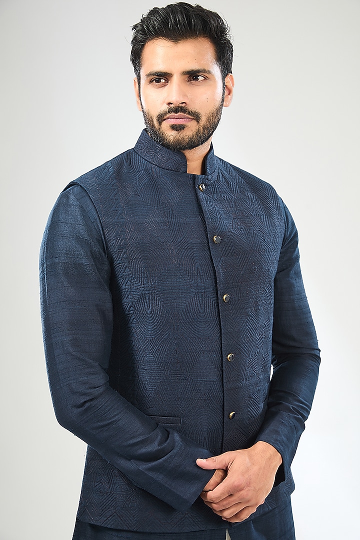 Blue Silk Bundi Jacket Set by Divyam Mehta Men at Pernia's Pop Up Shop