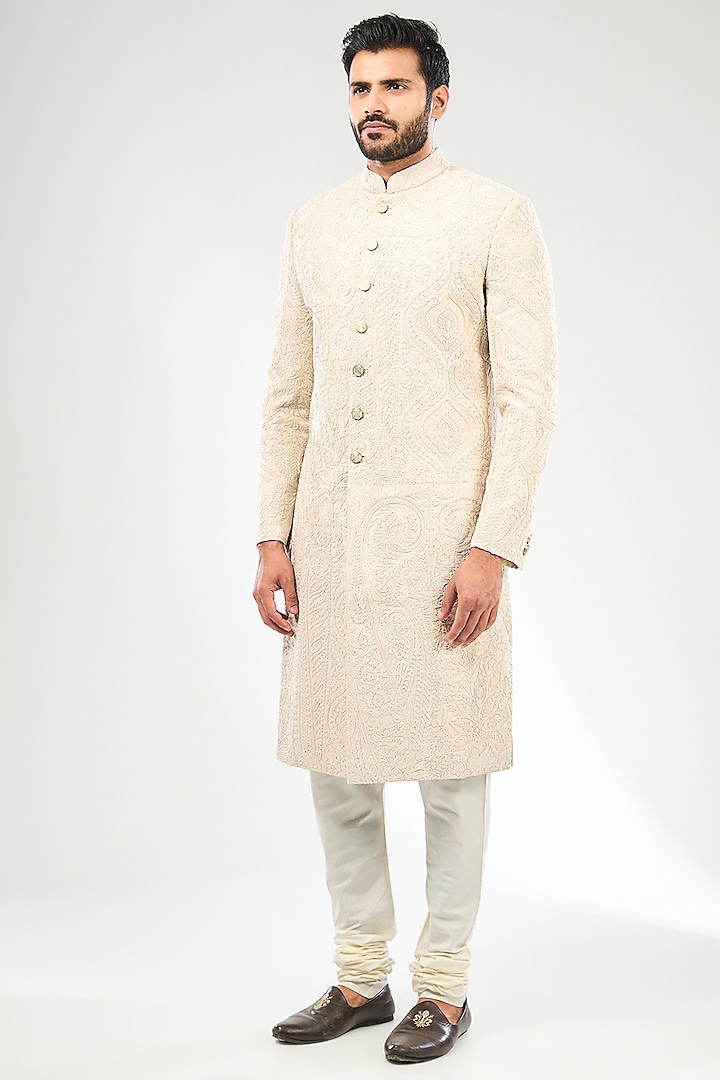 Ivory Silk Sherwani Set by Divyam Mehta Men