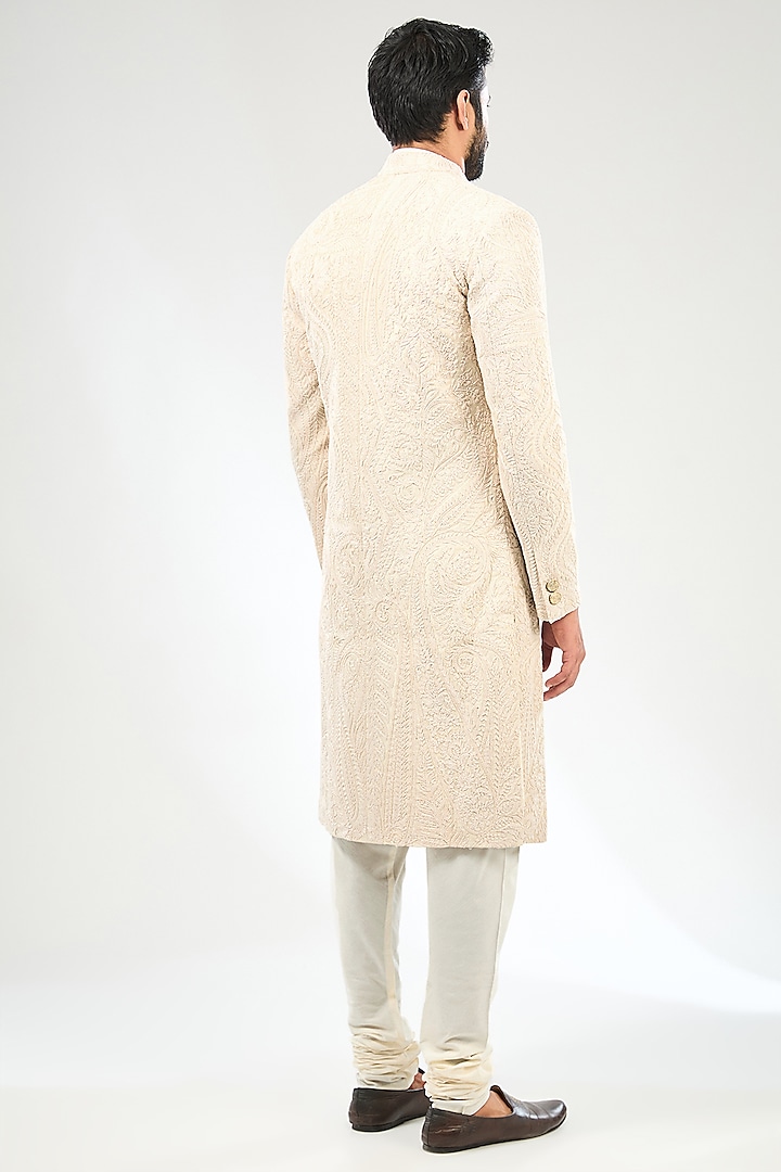 Ivory Silk Groom Sherwani Set by Divyam Mehta Men at Pernia's Pop Up Shop