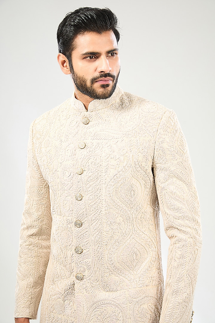 Ivory Silk Groom Sherwani Set by Divyam Mehta Men at Pernia's Pop Up Shop