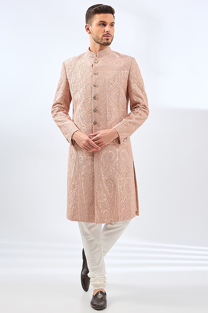 Oyster Pink Silk Groom Sherwani Set by Divyam Mehta Men at Pernia's Pop Up Shop