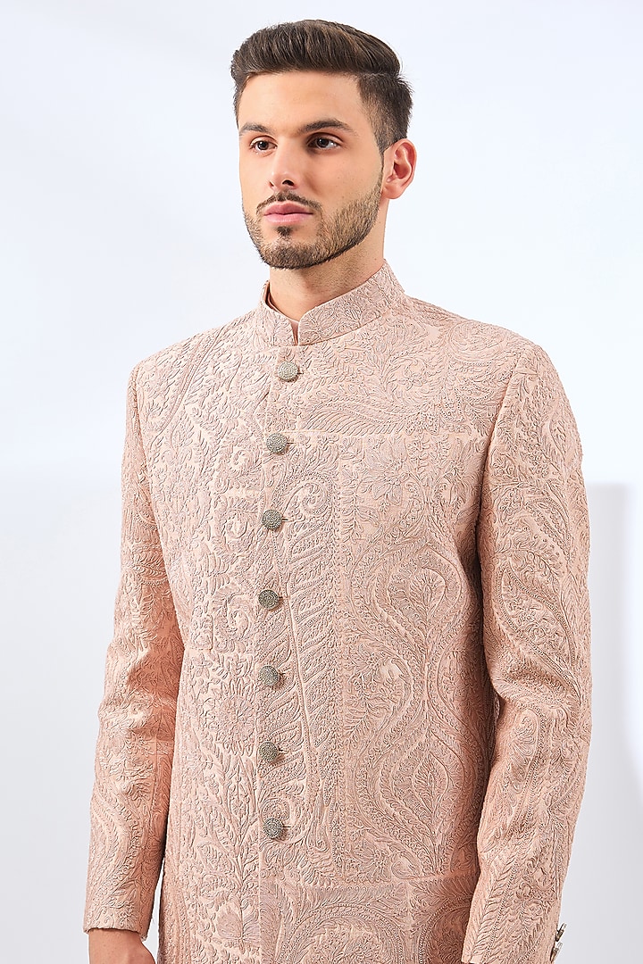 Oyster Pink Silk Groom Sherwani Set by Divyam Mehta Men at Pernia's Pop Up Shop