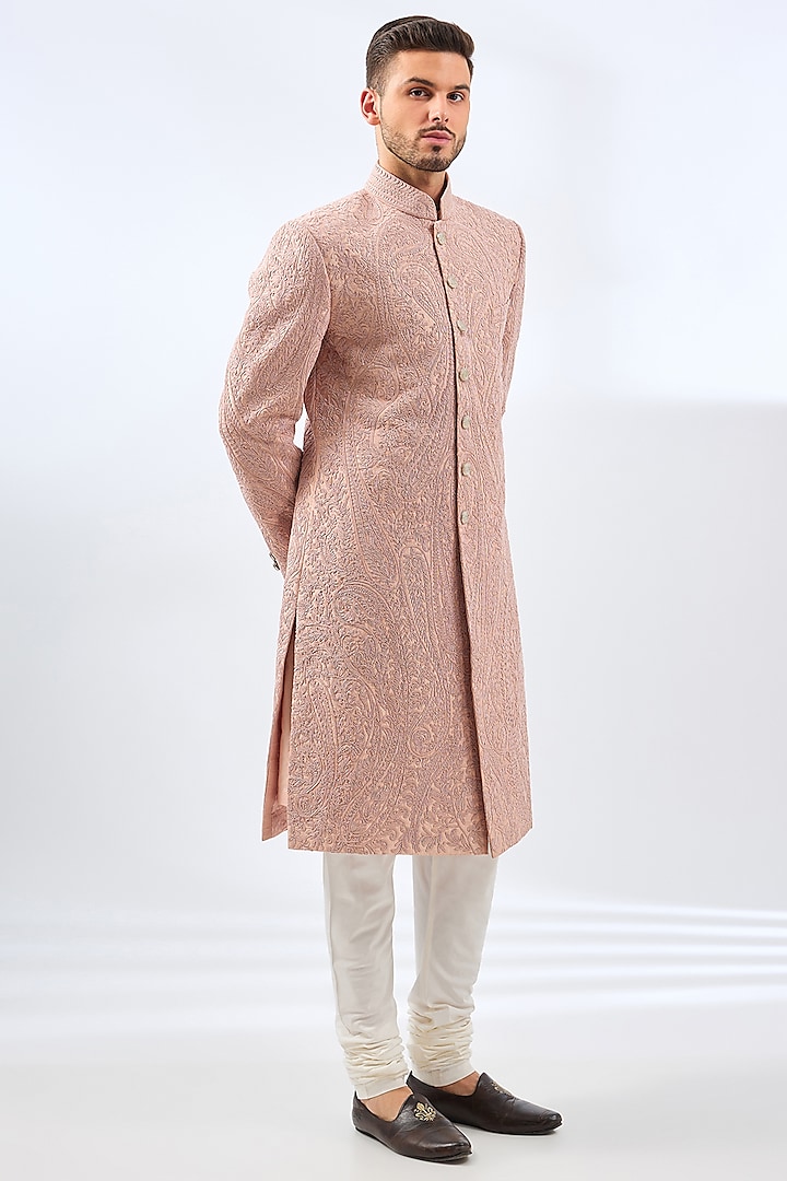 Pyazi Pink Silk Groom Sherwani Set by Divyam Mehta Men at Pernia's Pop Up Shop