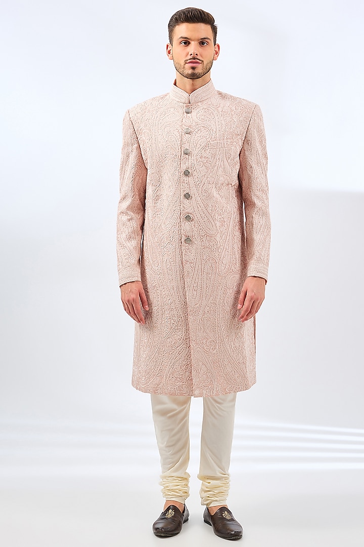 Oyster Pink Silk Sherwani Set by Divyam Mehta Men