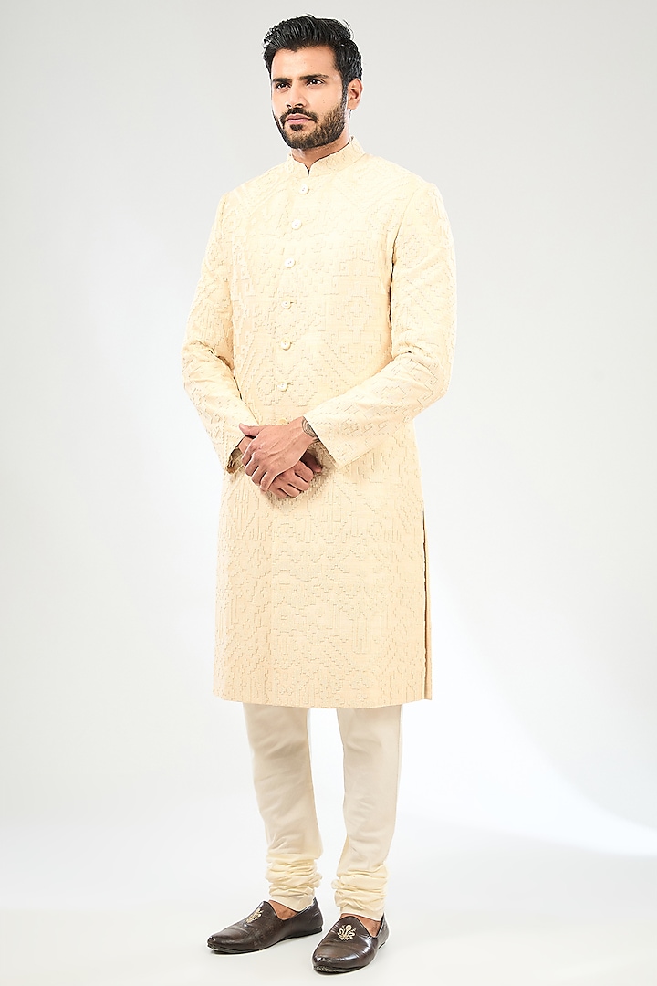 Ivory Silk Sherwani Set by Divyam Mehta Men