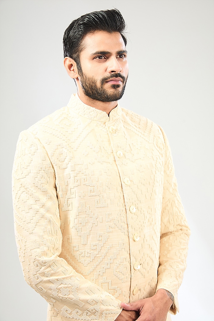 Ivory Silk Groom Sherwani Set by Divyam Mehta Men at Pernia's Pop Up Shop
