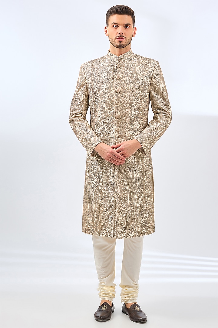 Ivory-Gold Silk Sherwani Set by Divyam Mehta Men