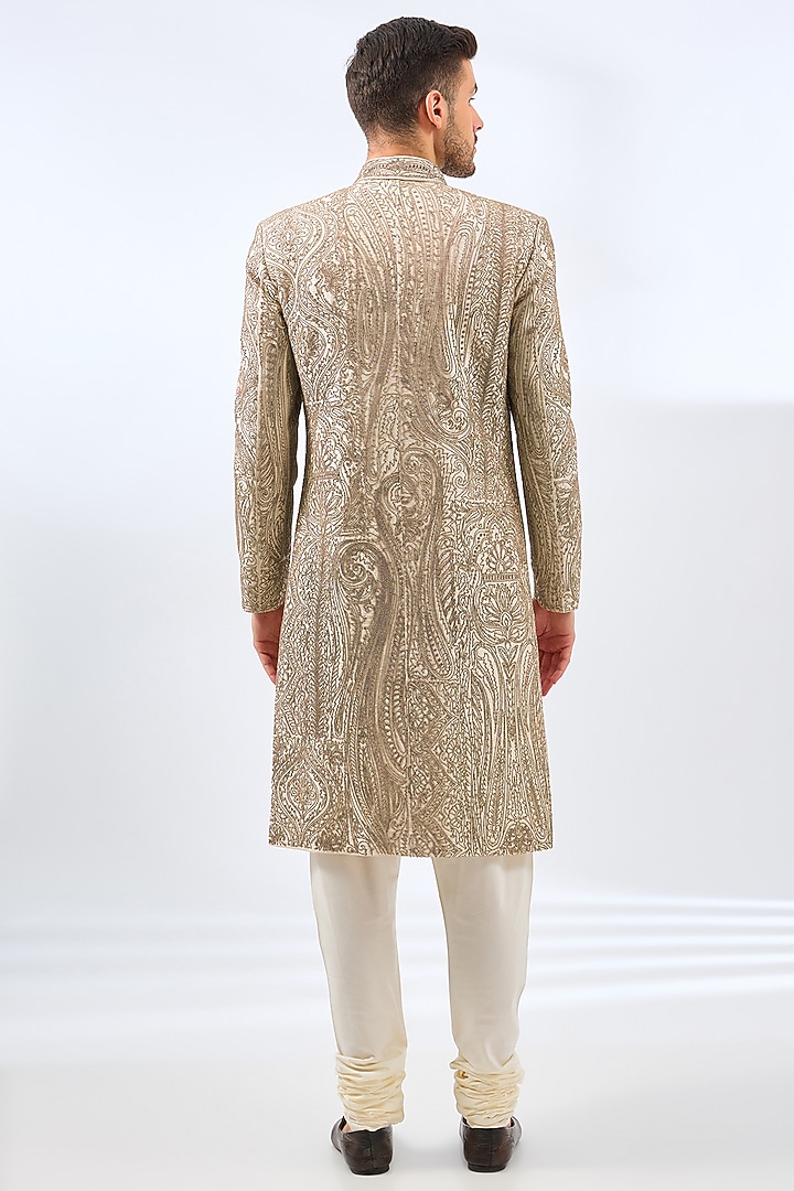 Ivory-Gold Silk Groom Sherwani Set by Divyam Mehta Men at Pernia's Pop Up Shop