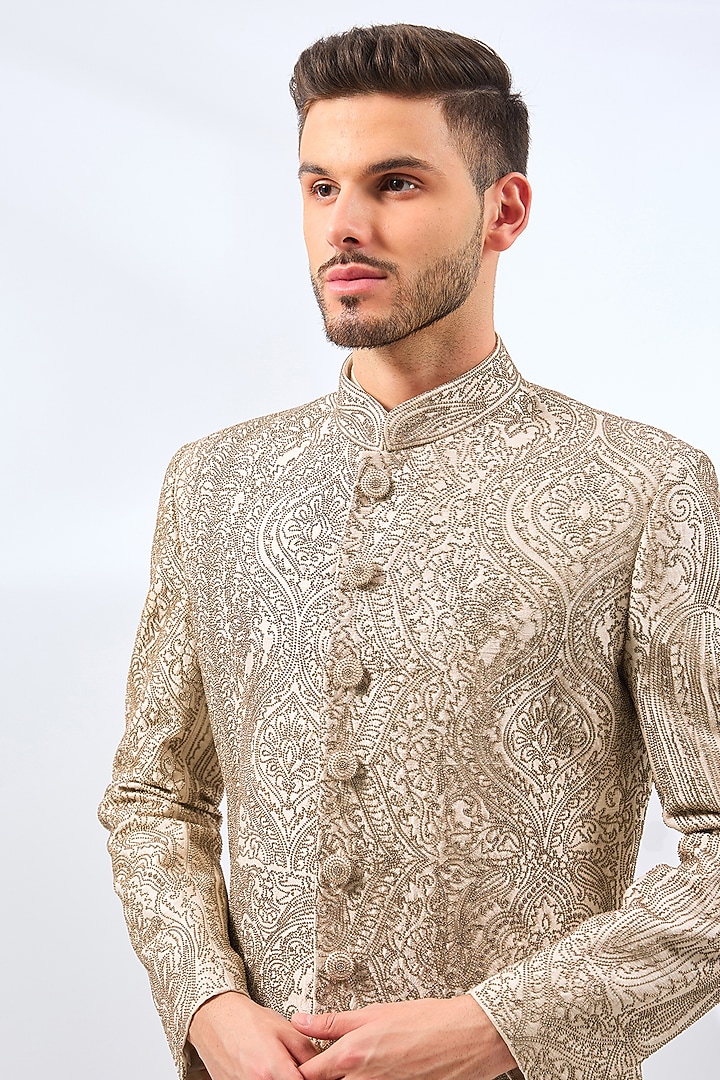 Ivory-Gold Silk Groom Sherwani Set by Divyam Mehta Men at Pernia's Pop Up Shop