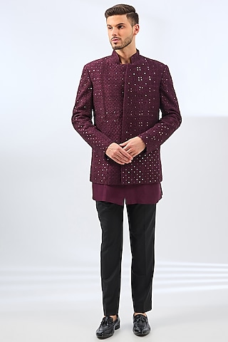 Claret Silk Embroidered Indowestern Jacket Set by Divyam Mehta Men