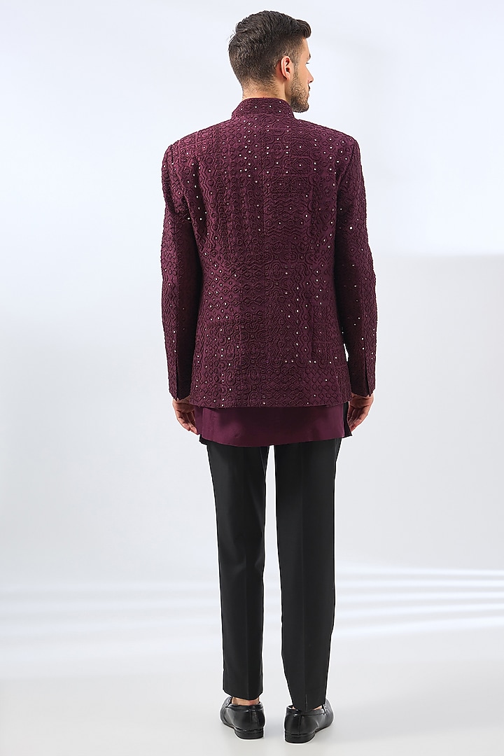 Claret Silk Embroidered Groom Indowestern Jacket Set by Divyam Mehta Men at Pernia's Pop Up Shop